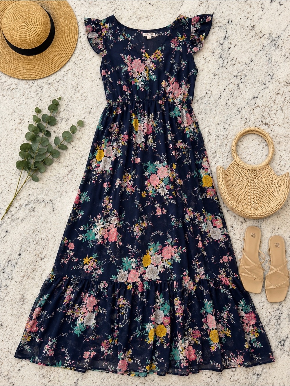 Merona Navy Floral Maxi Dress | Sleeveless Lined Boho Cottagecore M